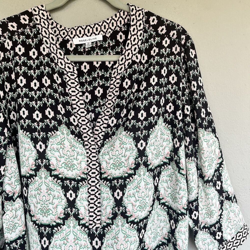 Rose + Olive Blouse 3x Black Green Floral Split Neck Boho Peasant Popover Top - Picture 7 of 15